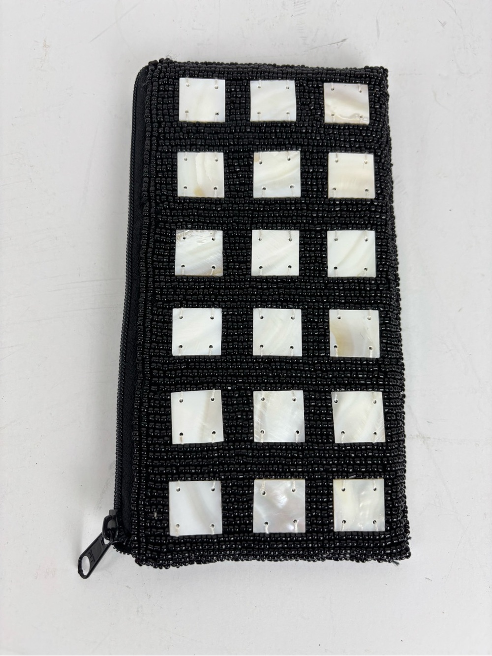 Vintage Beaded Zip Evening Clutch Bag-Mother of Pearl-Inlay Squares Accents